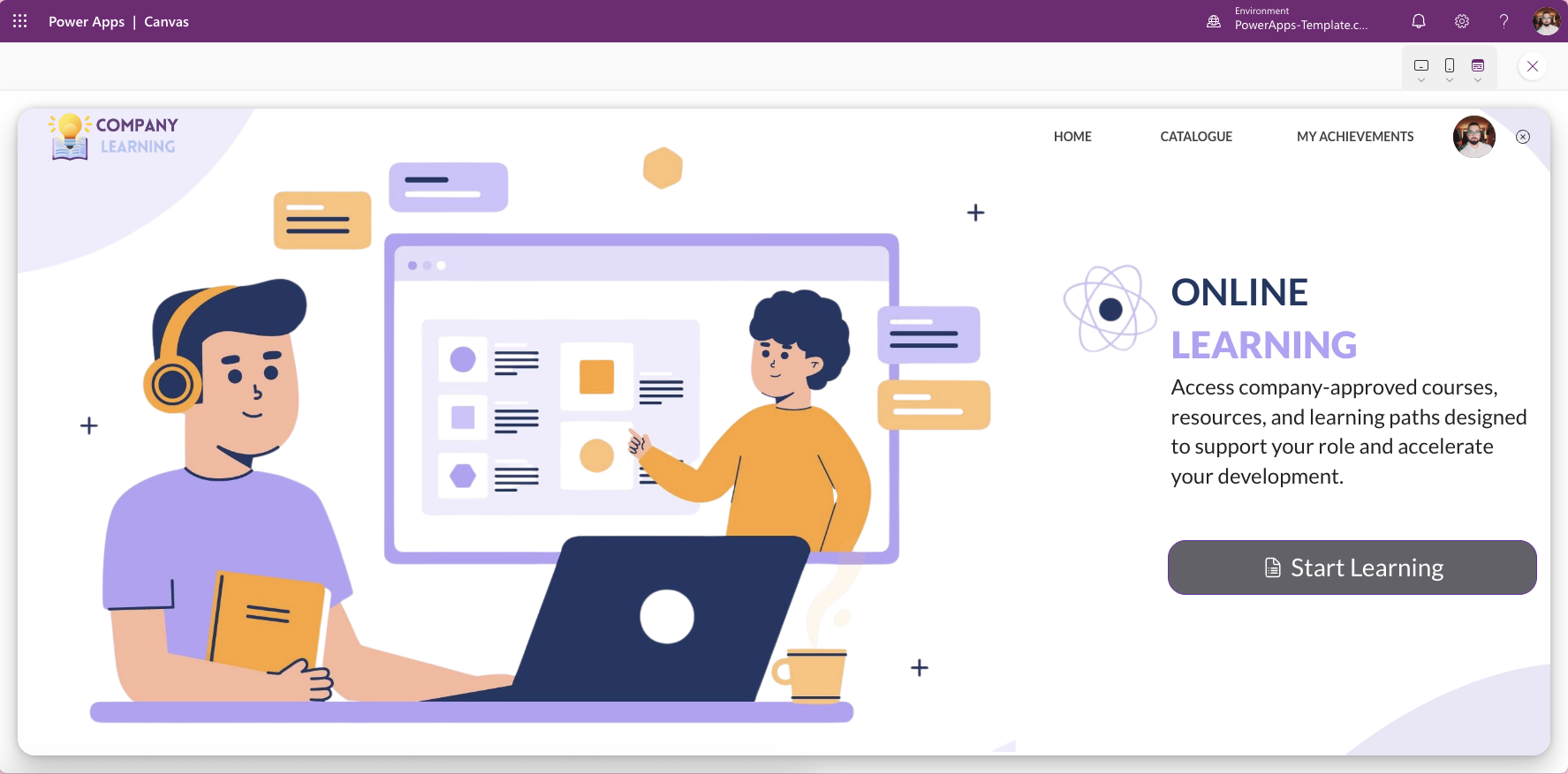LearningHub 365 Power Apps LMS template – learning portal home screen