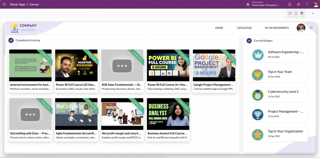 LMS Power Apps Template, LearningHub 365 Power Apps template – course catalogue and category view