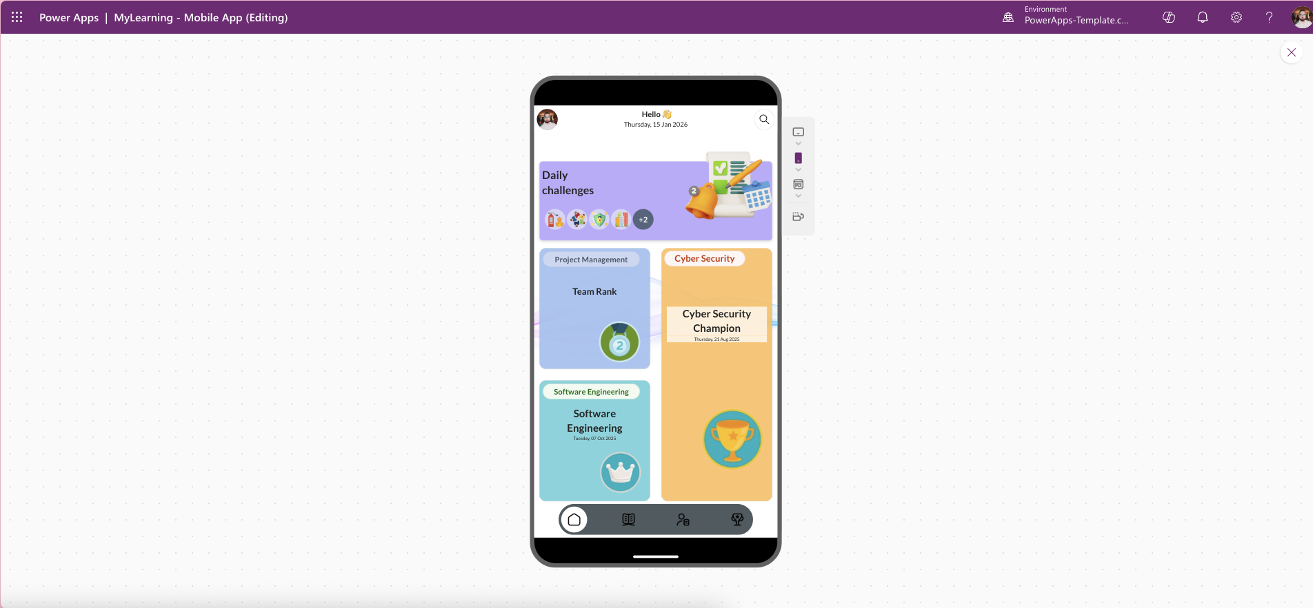 MyLearning Mobile Power Apps corporate training template – course home screen