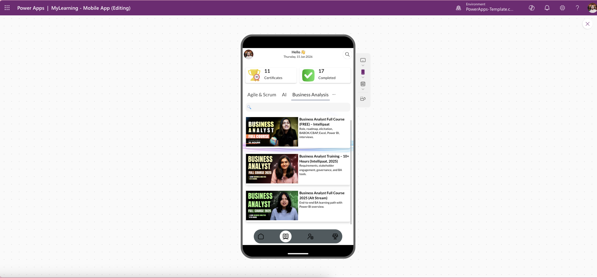 MyLearning Mobile Power Apps template – learning path browse screen