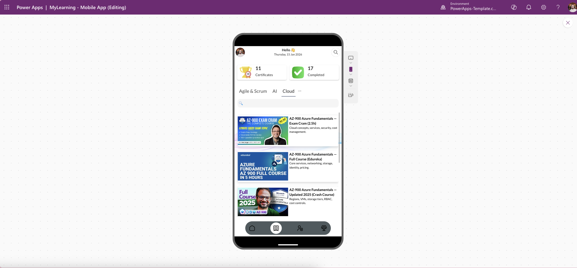 MyLearning Mobile Power Apps template – micro-learning module view