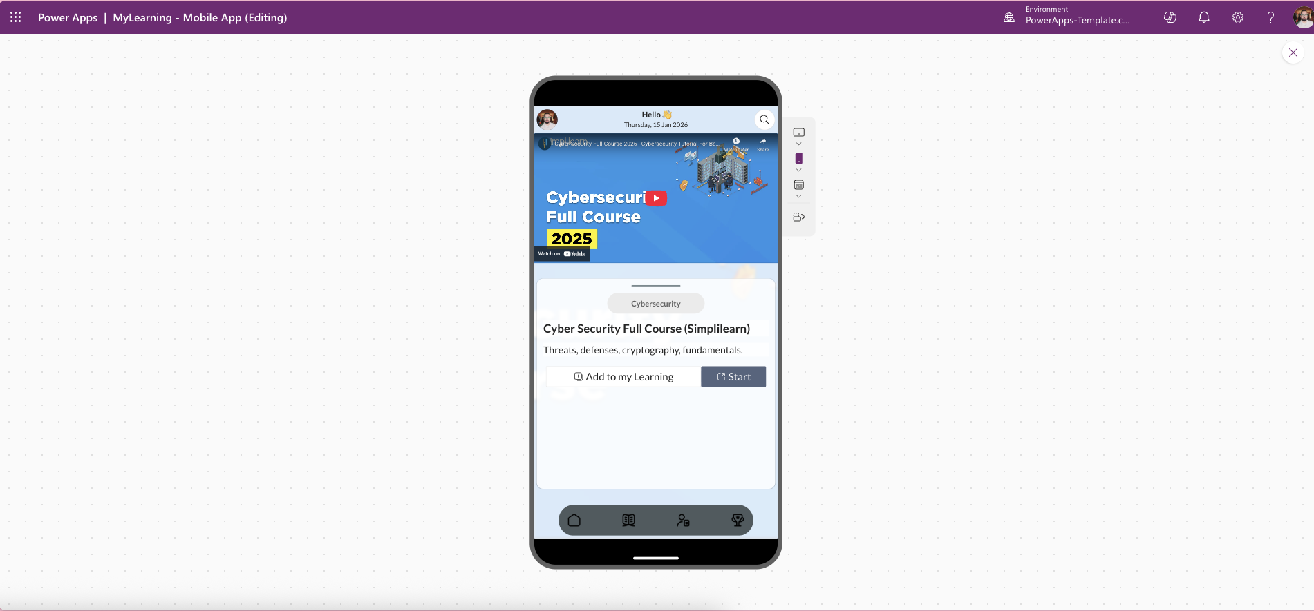 MyLearning Mobile Power Apps template – quiz screen with multiple choice