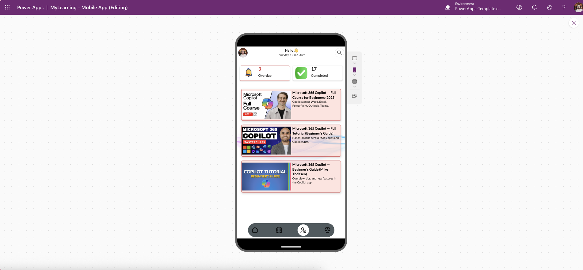 MyLearning Mobile Power Apps template – digital badge award screen