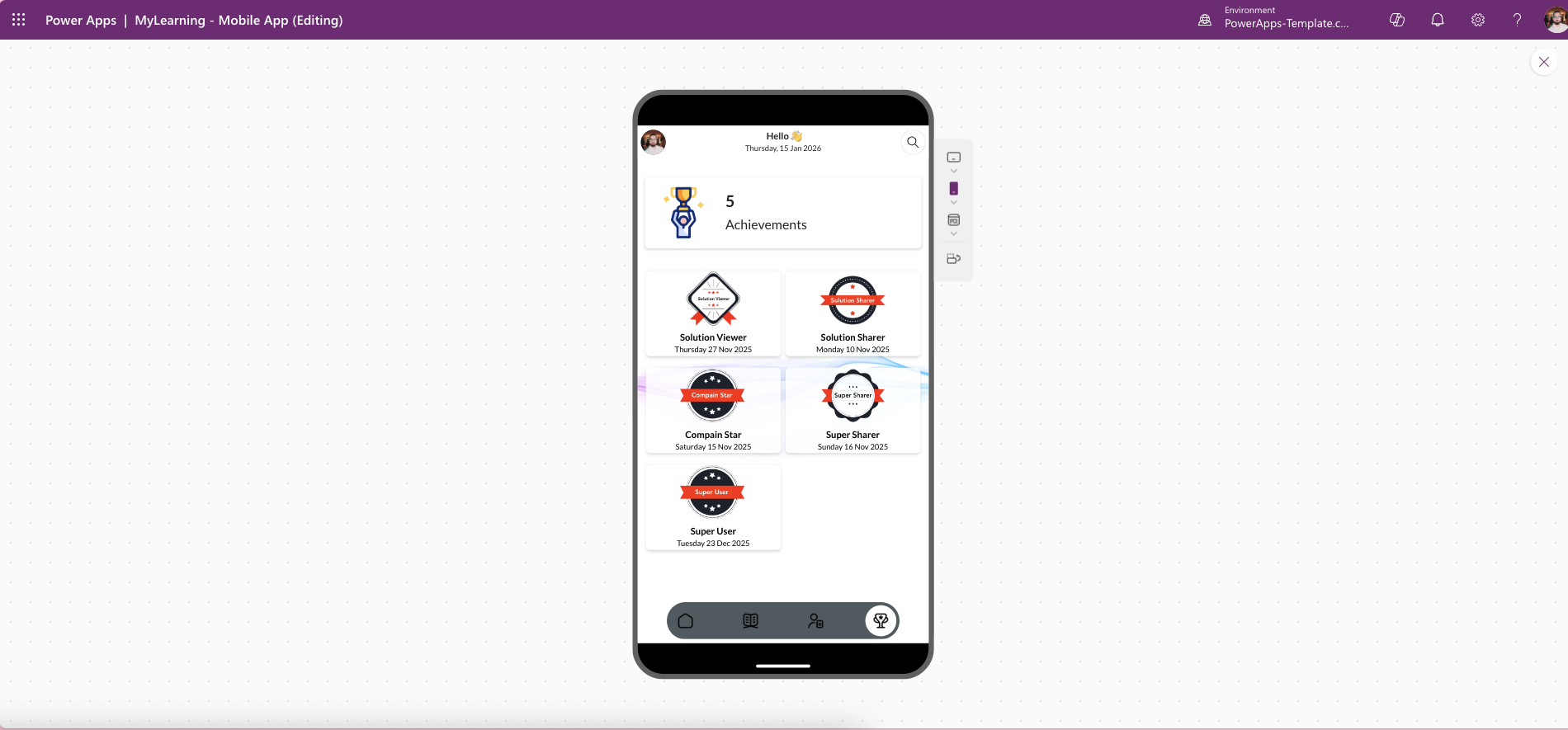 MyLearning Mobile Power Apps template – employee progress tracking dashboard