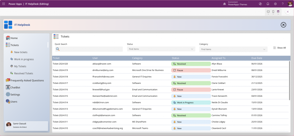 IT HelpDesk Power Apps template – create and assign IT support ticket screen
