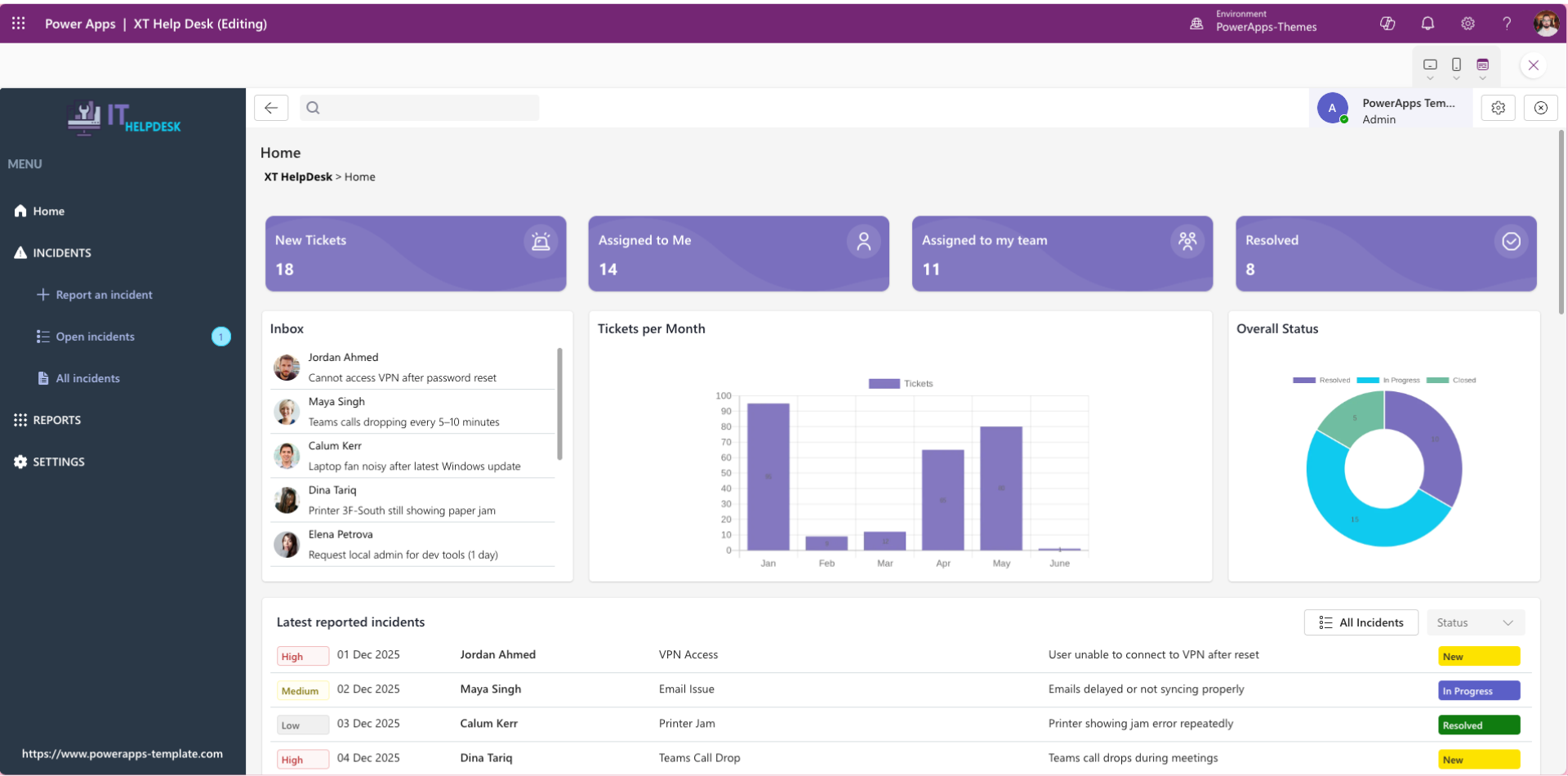 XT HelpDesk IT helpdesk Power Apps canvas template — hero screenshot showing incident list and status tracking