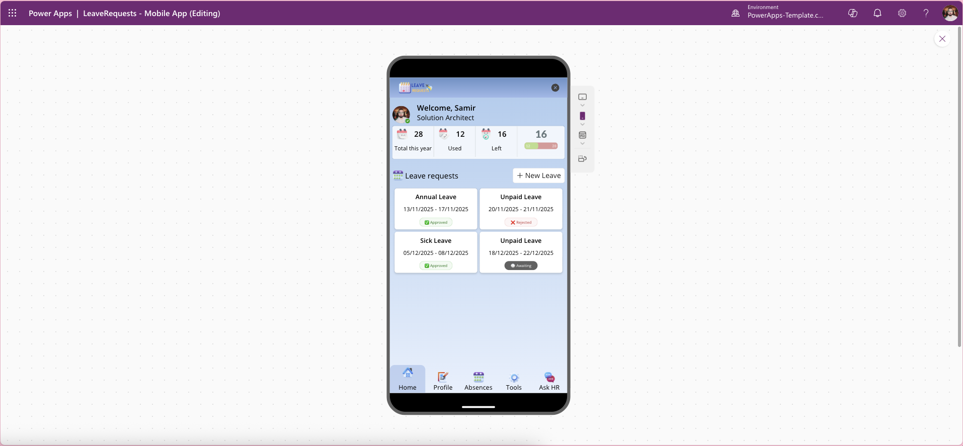 LeavePro Mobile Power Apps leave request template – employee home screen