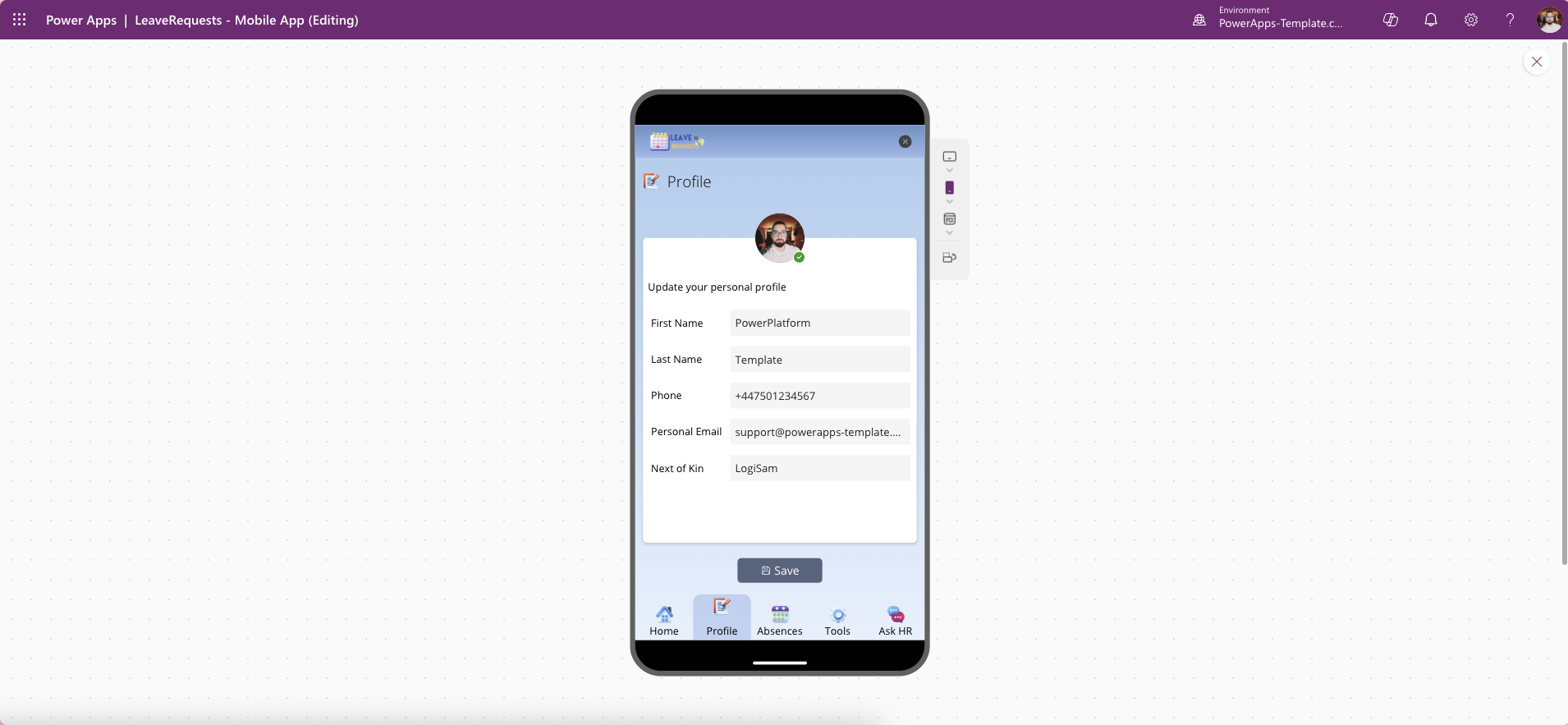 LeavePro Mobile Power Apps template – submit new leave request screen