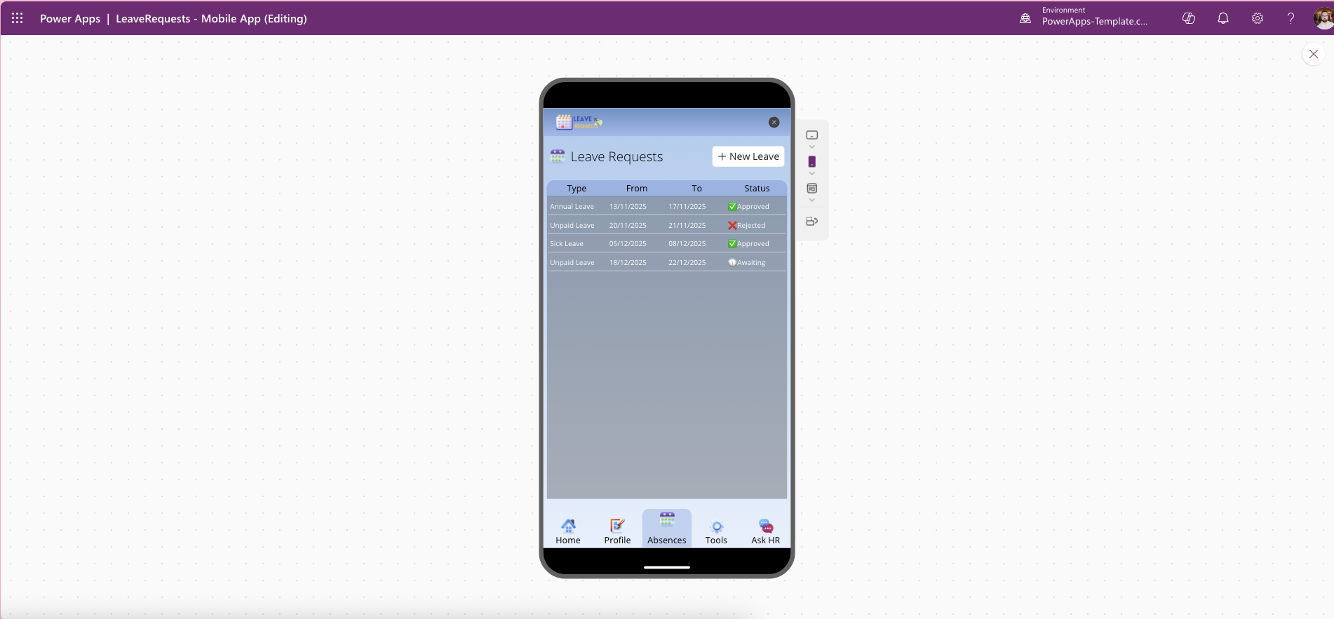 LeavePro Mobile Power Apps template – leave request approval status view