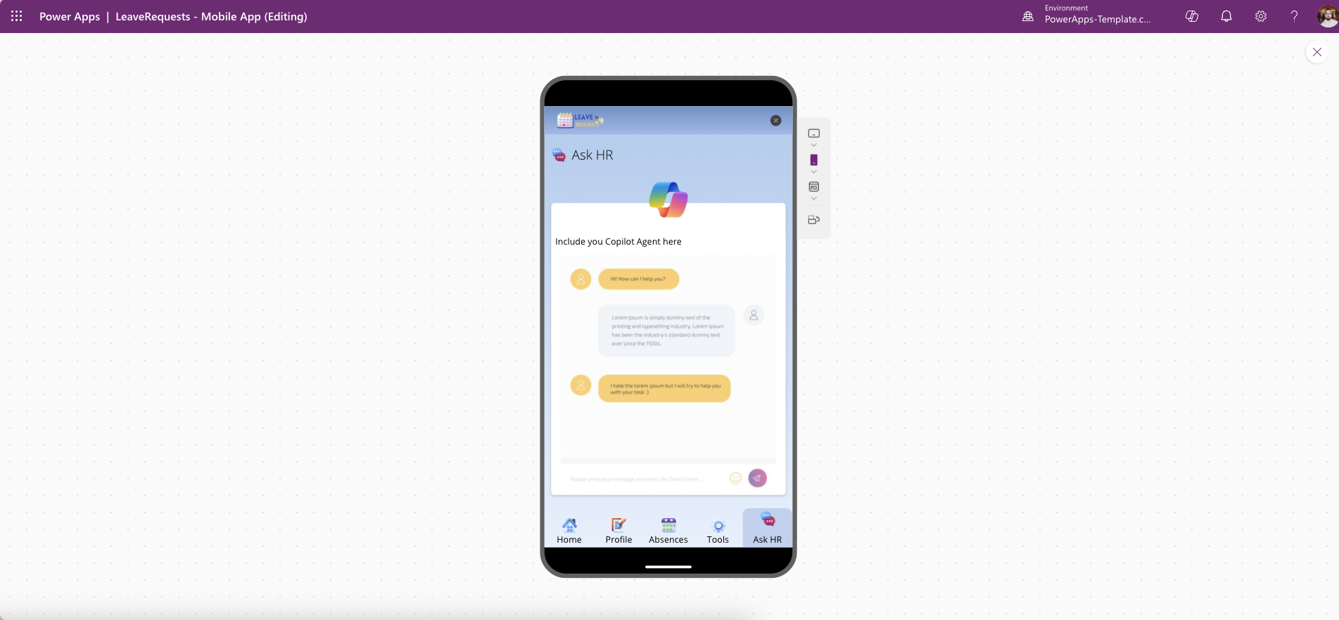 LeavePro Mobile Power Apps template – employee profile and settings screen