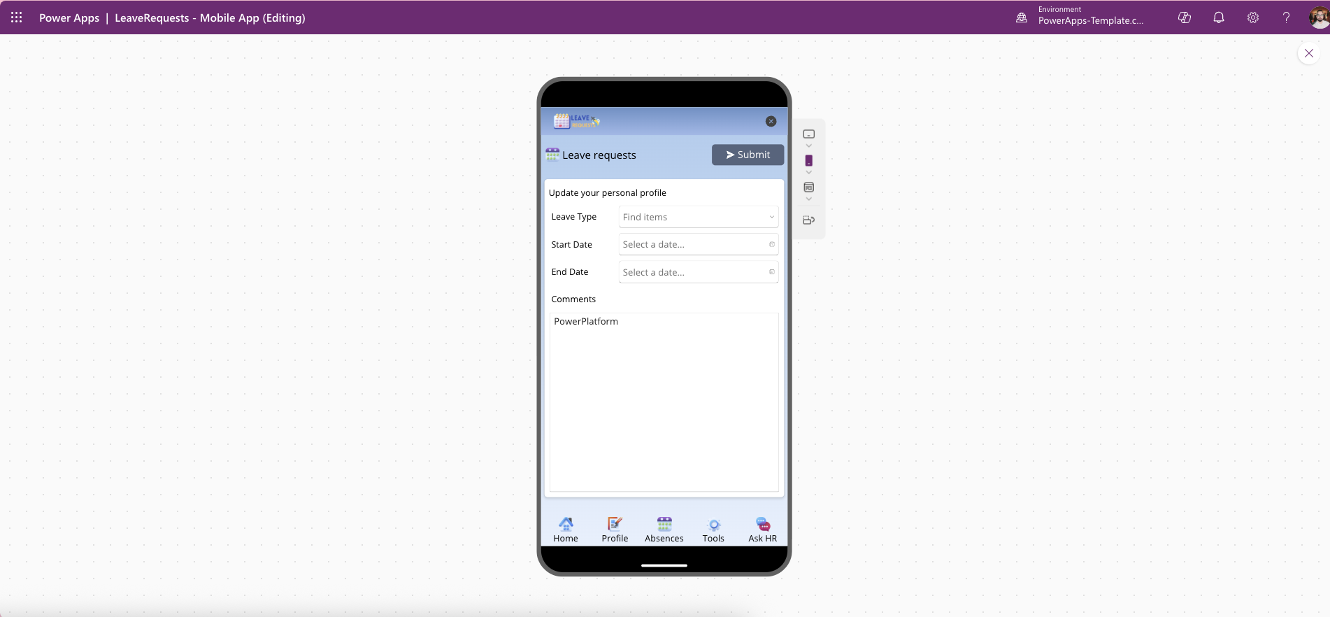 LeavePro Mobile Power Apps template – integrated Copilot agent guidance screen