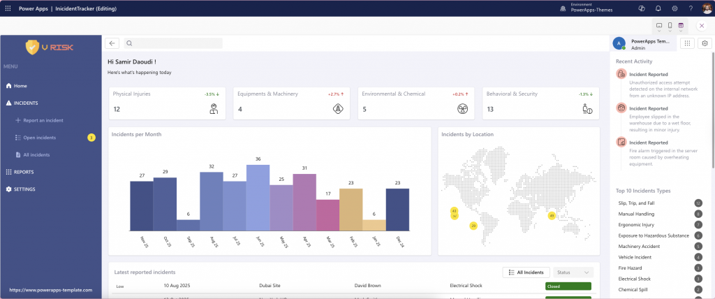 Power Apps incident tracking template — incident list view with category and priority indicators